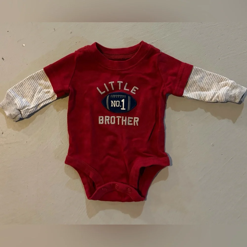 No. 1 Little Brother Football Red & White Long Sleeve Newborn Onesie